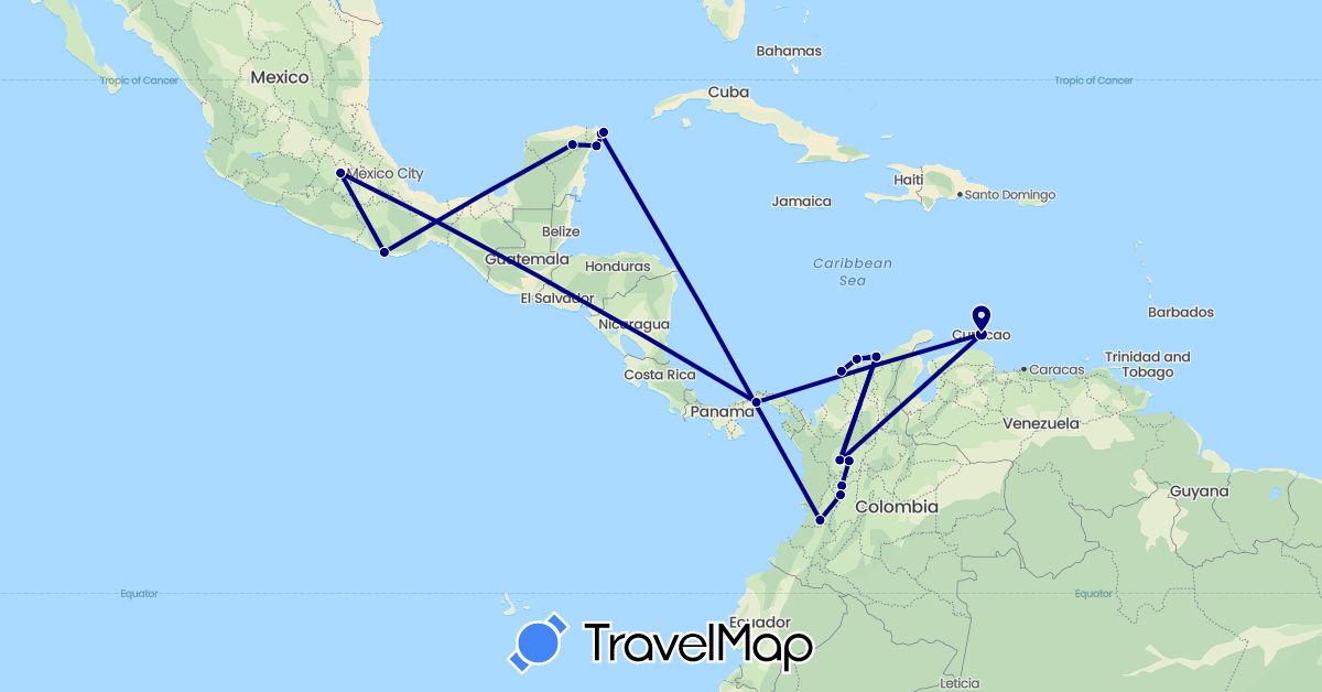 TravelMap itinerary: driving in Colombia, Mexico, Netherlands, Panama (Europe, North America, South America)